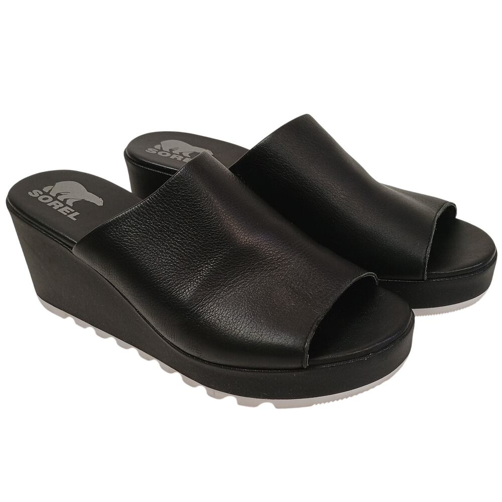Sorel Cameron Platform Mule Wedge Sandals Black Leather Slides 9.5